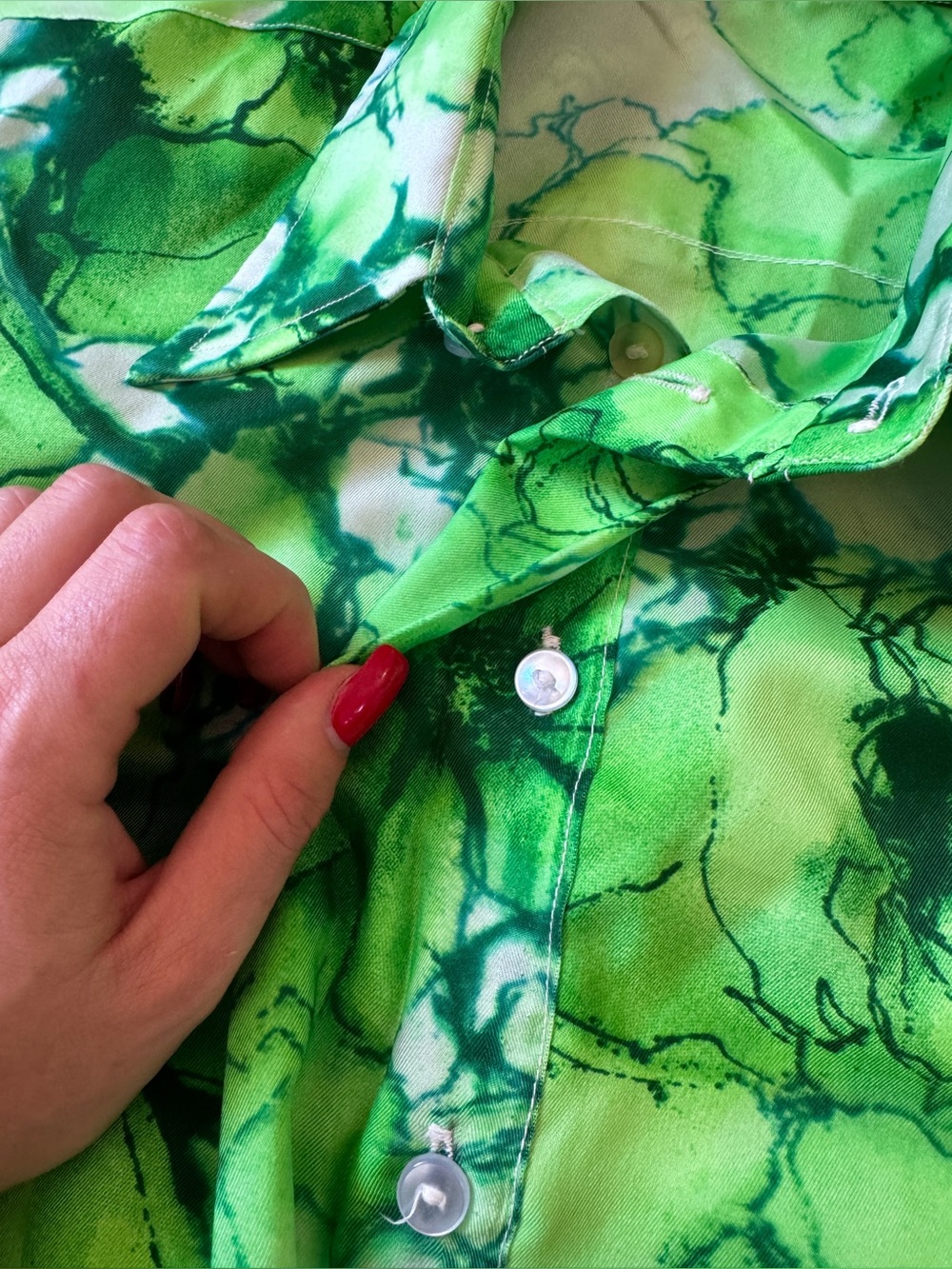 70s Vintage Handmade Bright Green Floral Maxi Shirt Dress Sz M - Picture 5 of 10